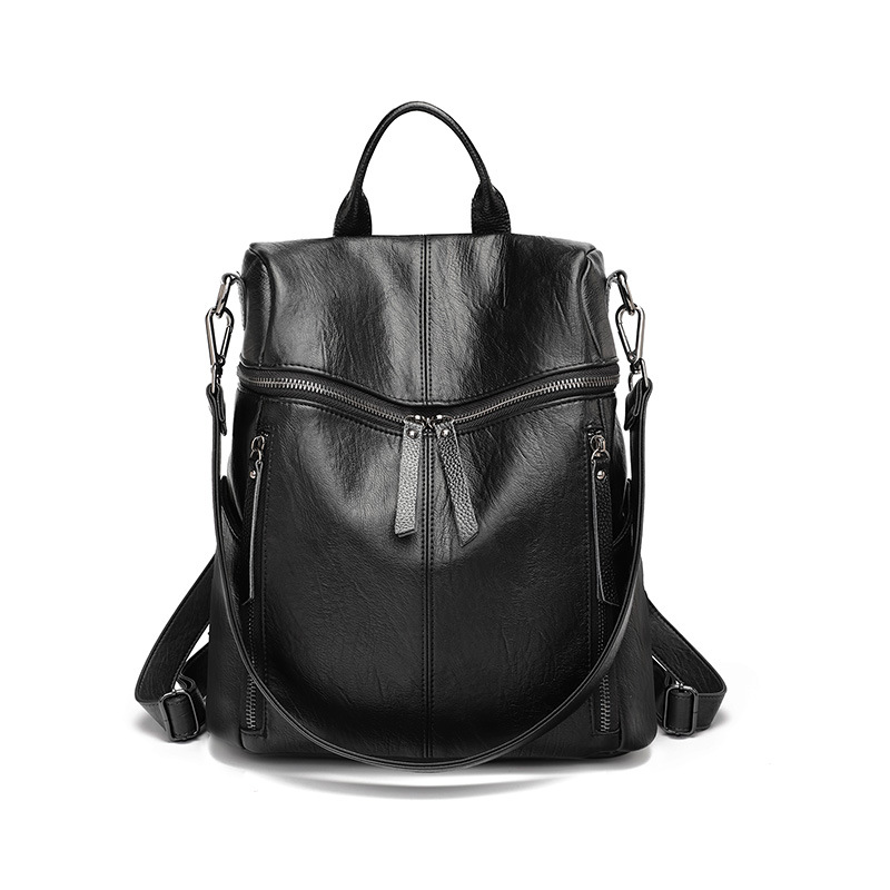 Fashion Women Black Soft Faux Leather Backpack Multi Zipper Pockets Top Handle Convertible Crossbody Travel Daypack