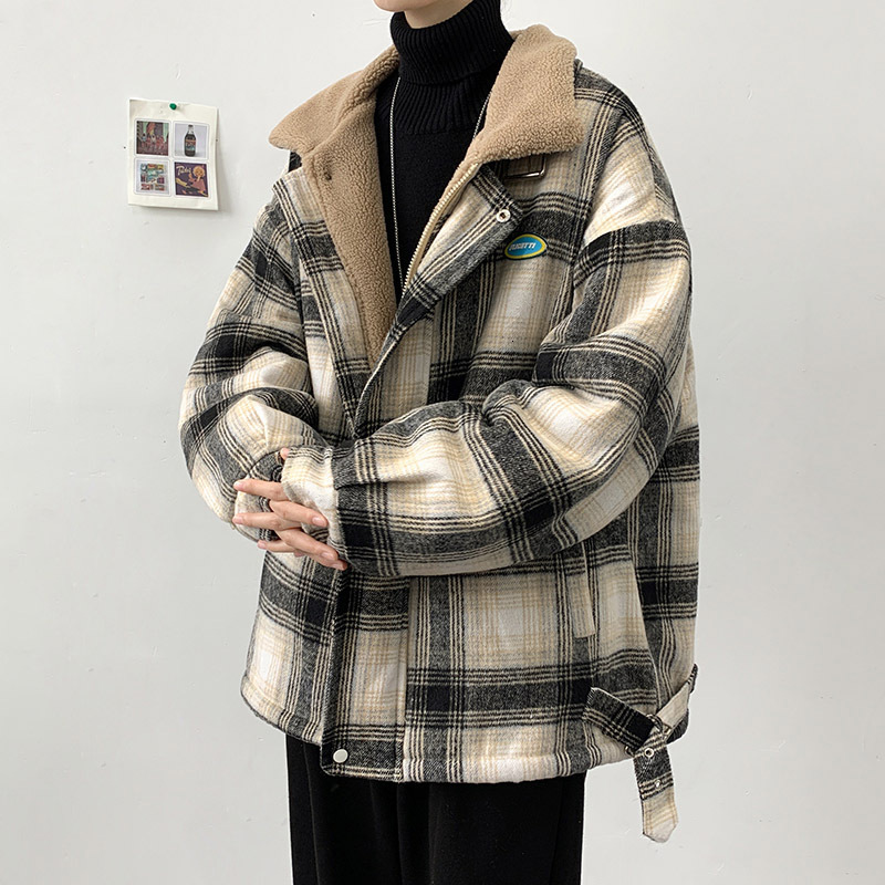 Lamb Wool Plaid Jacket For Men Fleece Lined Thickened Winter Coat Trendy Brand Youth Stylish Loose Cotton Clothing