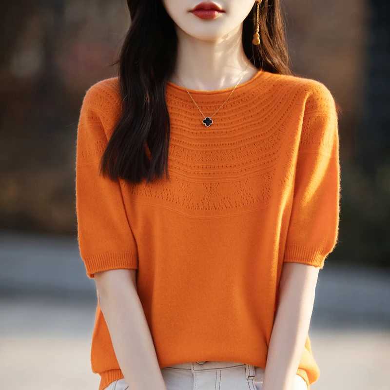 Women's Sweaters 100% Merino Wool Knitted Short Sleeved Sweater With Rolled Edge Round Neck Wool Sweater And Hollowed Out Fashionable Top H2609