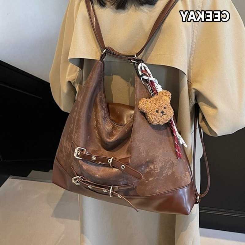Cross Body CEEKAY Women's Hobo Bag Dark Brown Glossy Faux Leather Belt Detail Bear Pendant Versatile Everyday Commute Casual Style D260923