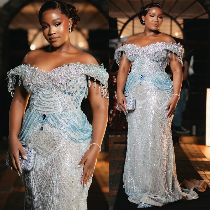 Plus Size Sky Blue Mermaid Prom Dress 2026 Evening Dresses Formal Gowns Illusion Off Shoulder Pleated Beaded Lace Crystals Birthday Second Reception