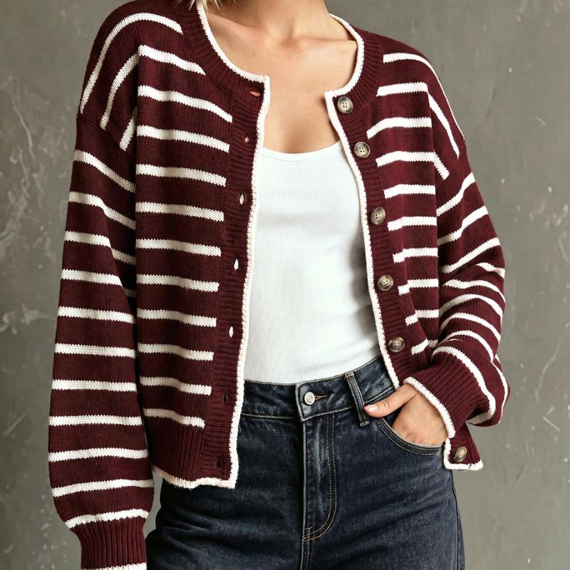 Women Loose Fit Knit Cardigan Round Neck Button Front Long Sleeve Striped Or Leopard Patchwork Cropped Sweater Jacket Multiple Styles Casual Oute