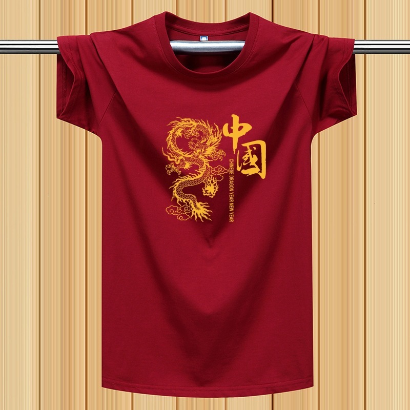 Chinese-style T-shirt for men, short-sleeved, summer dragon print top, loose fit, trendy Chinese style