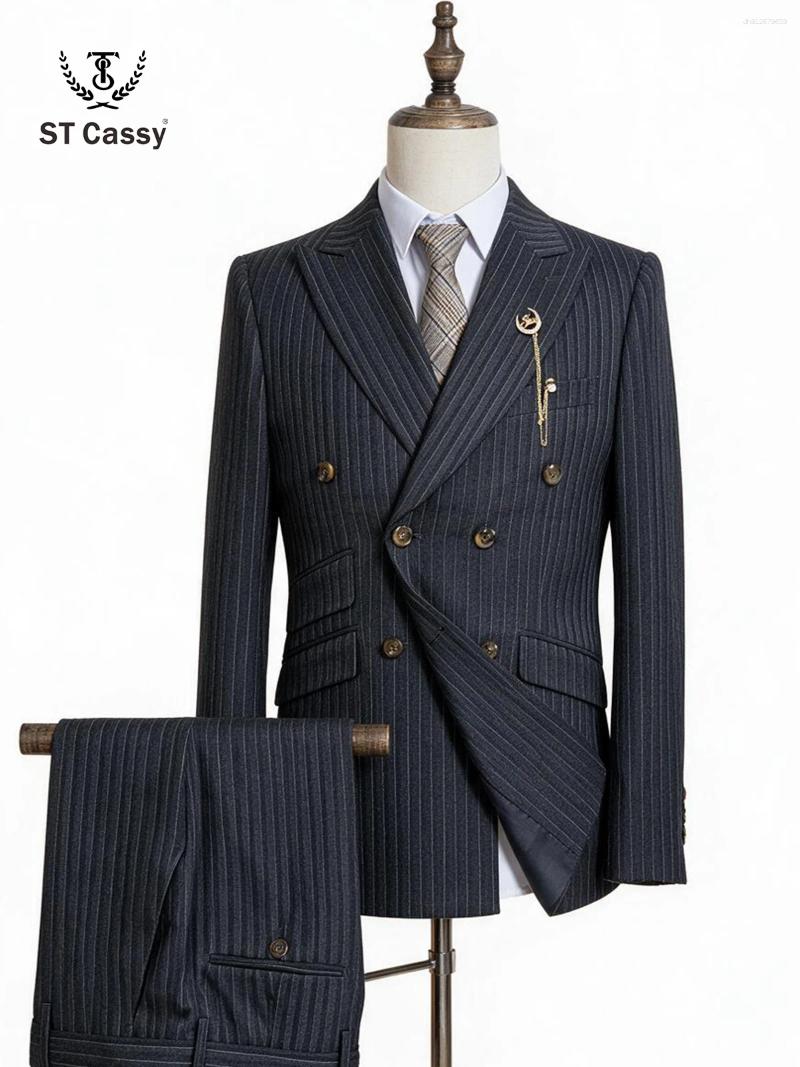 Cassy High Quality Men's Double Breasted Striped Suit Set 2Pcs Black Elegant Formal British Style Italian For Wedding Office