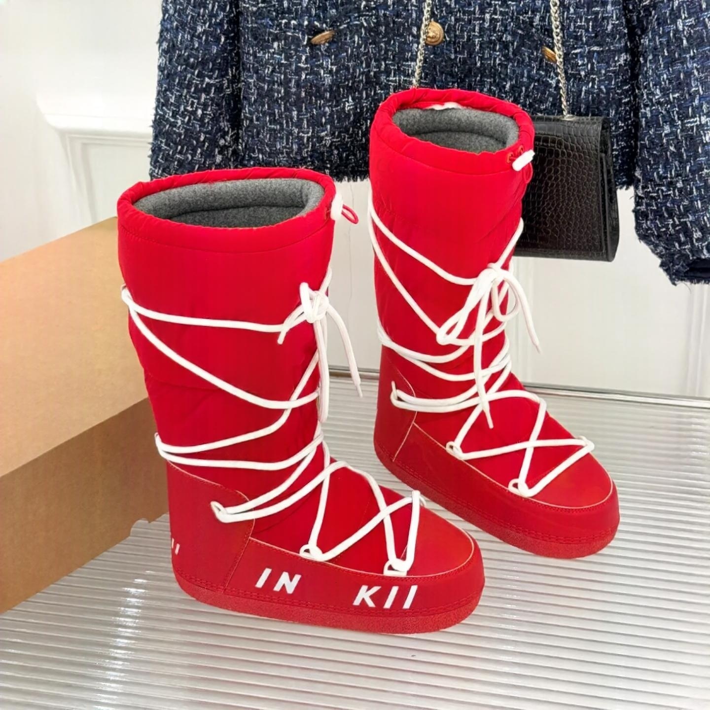 Mid Calf Snow Boots Women Winter Luxury Designer Waterproof Warm Lace Up Platform Round Toe Fashion Casual Outdoor Walking Pink Beige Black White Re