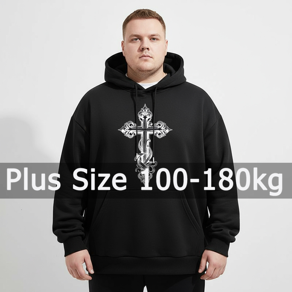 Plus Men Hoodies Cross Printed Sweatshirt Autumn Winter Long Sleeve Cotton Pullover 5Xl 6Xl 7Xl 90-180Kg Big Size Clothing