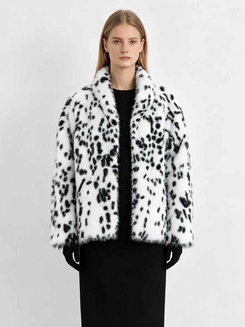Women Dalmatian Print Faux Fur Jacket Wide Lapel Collar Single Breasted Short Coat Fluffy Plush Winter Ladies Outerwear