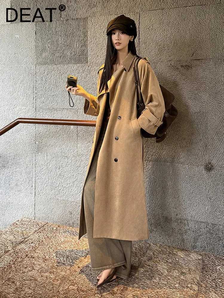 DEAT Fashion Double Breasted Dark Brown Suede Trench Coat Women's Lapel Long Slve Waist Belt Windbreaker Autumn New 7A6745 M260922
