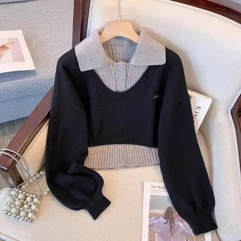 Y2k Two-piece Set Women Knitted Sweater Harajuku Autumn Winter Coat n Trend Tops Collegiate Pullovers Suits Short Outerwear260922