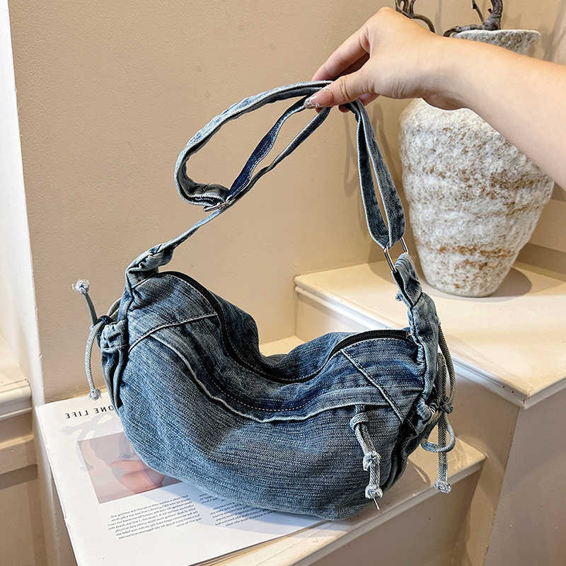 Cross Body New fashion Crossbody Bags for Women Washed Denim Dumpling Bag Casual Ruched Versatile Korean Style Shoulder Bag D260923