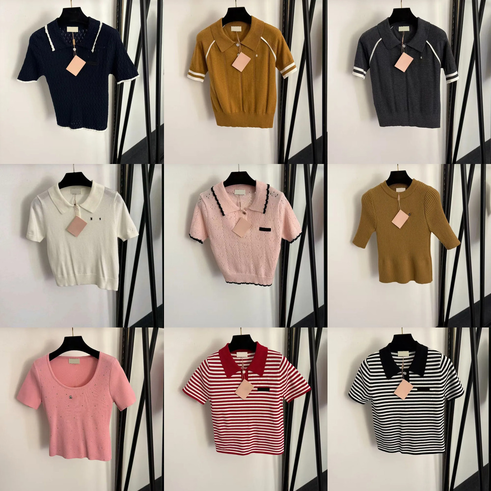 Fashion women tshirt designer shirts polo top high quality striped knitted sweater tees trendy lace transparent hollow cute student t shirt casual w
