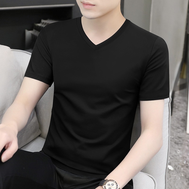 2026 new solid-color short-sleeve T-shirt, men's black base layer, V-neck, high-quality autumn/winter athletic shirt