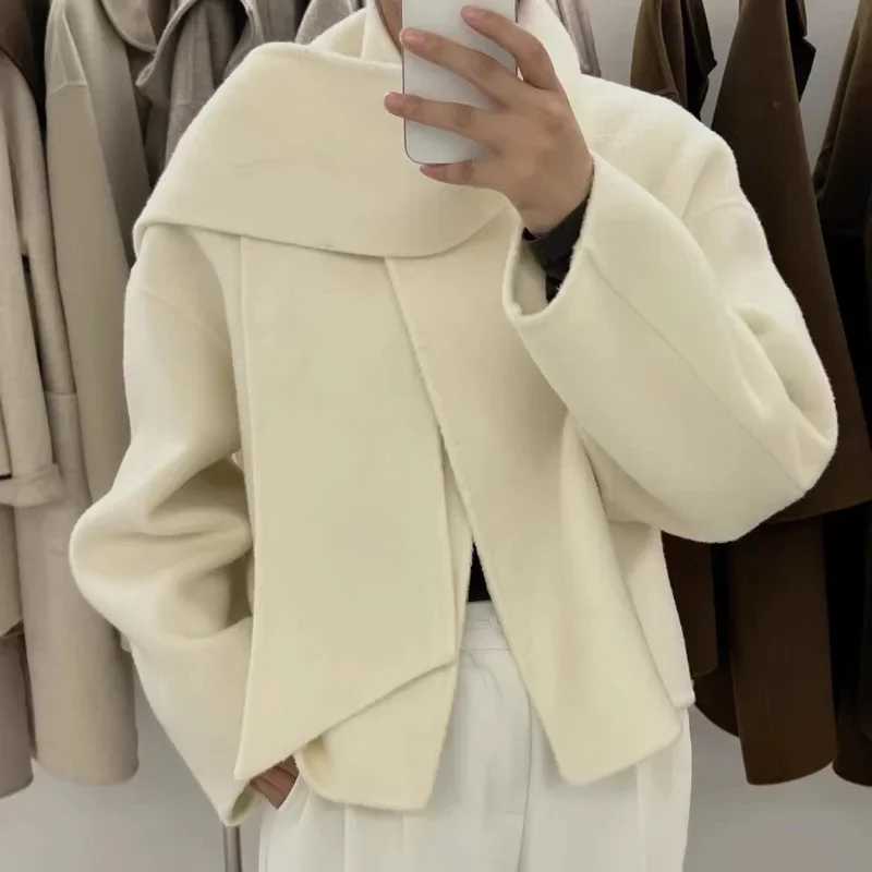Autumn Winter New Scarf Collar Short Double-sided Cashmere Coat Women Round Neck Simple Gray French Basic Wool Blended Coat S260923GEZD