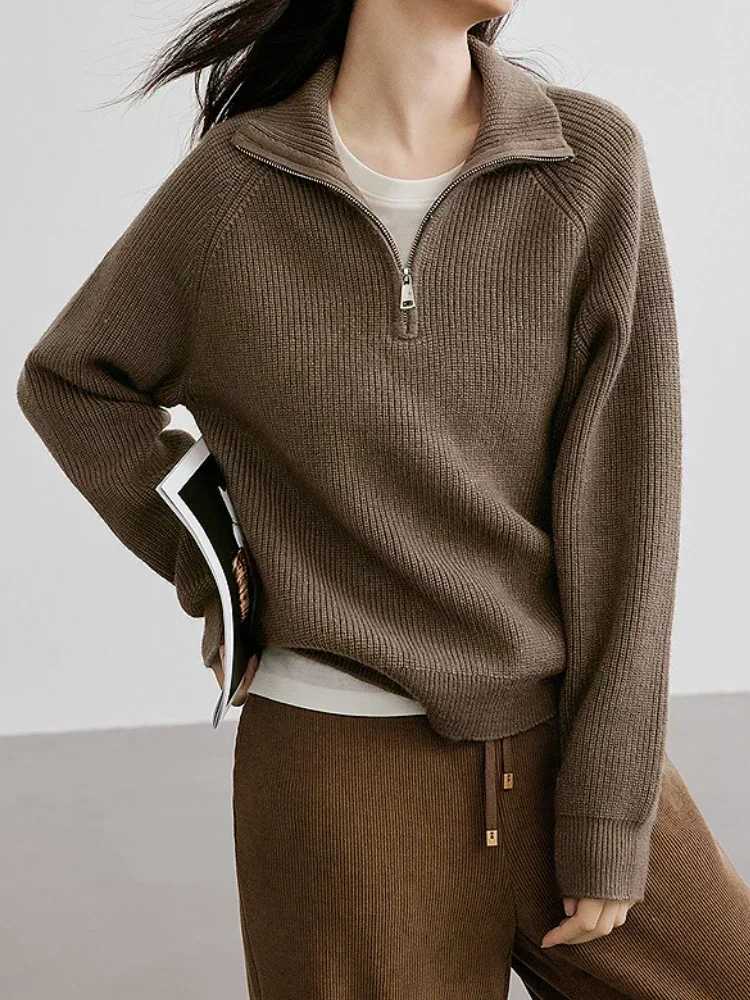 Women's Sweaters 2026 Autumn New Lapel Knitted Pullovers Loose Zipper Long Sleeve Women's Sweaters Casual Loose Brown Oversized Sweater Wo