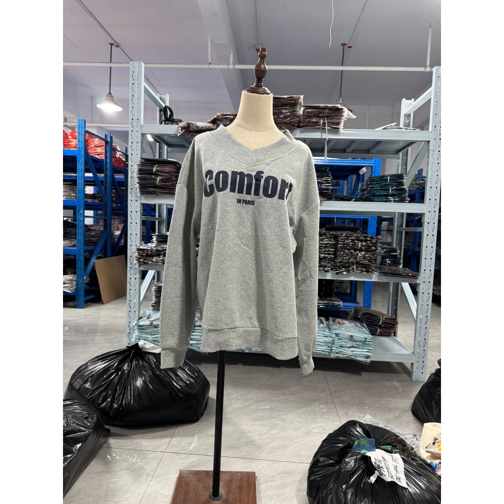 Spring Autumn Grey Knit Sweater for Women V Neck Loose Casual Daily Versatile Fashion Top