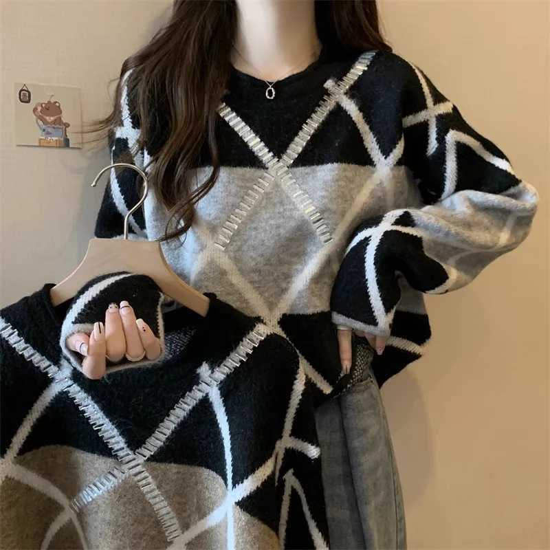 Women's Sweaters Fashionable Anti-Aging Geometric Color Block Knit Sweater Women's Autumn Winter Thickened Inner Wear Personality Knitted
