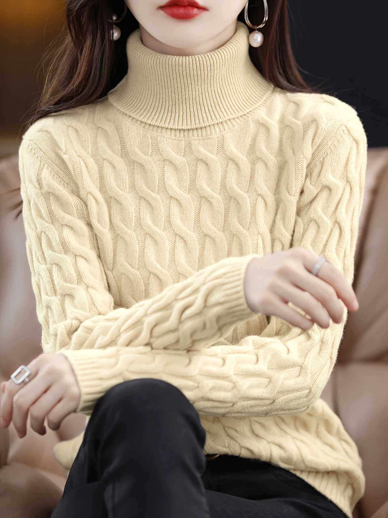 Women's Sweaters New High-Neck Women's Pullover Retro Cable Knit Thickened Top Solid Color Loose Versatile Women's Sweater H260923