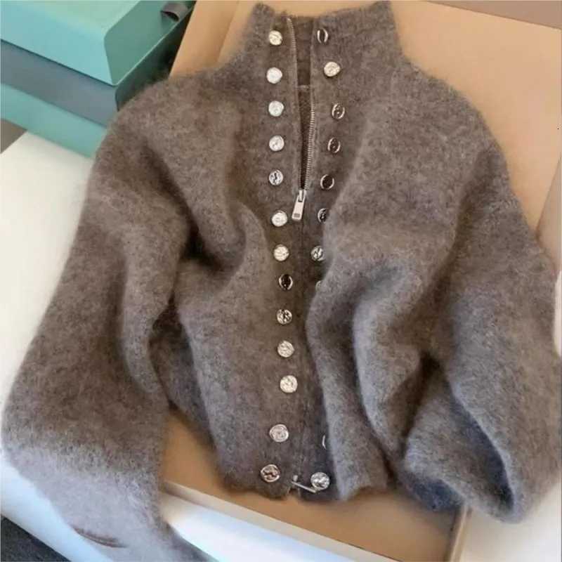 Women's Sweaters Fashionable Women's Stand Neck Double Breasted Zipper Knitted Sweater Coat Autumn Winter Casual Elegant Long Sleeve Solid
