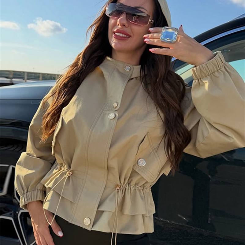 Fashion Solid Womens Jacket Stand Collar Button Drawstring Waist Ruffle Hem Short Coat Chic 2026 Spring Autumn Street Wear 260922
