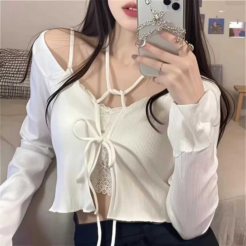 Women's Sweaters White Knitted Cardigan Women Summer Thin Sunscreen Lace-Up Knitwear Tops Female Korean Style Flare Sleeve Short Lovely Coat H2