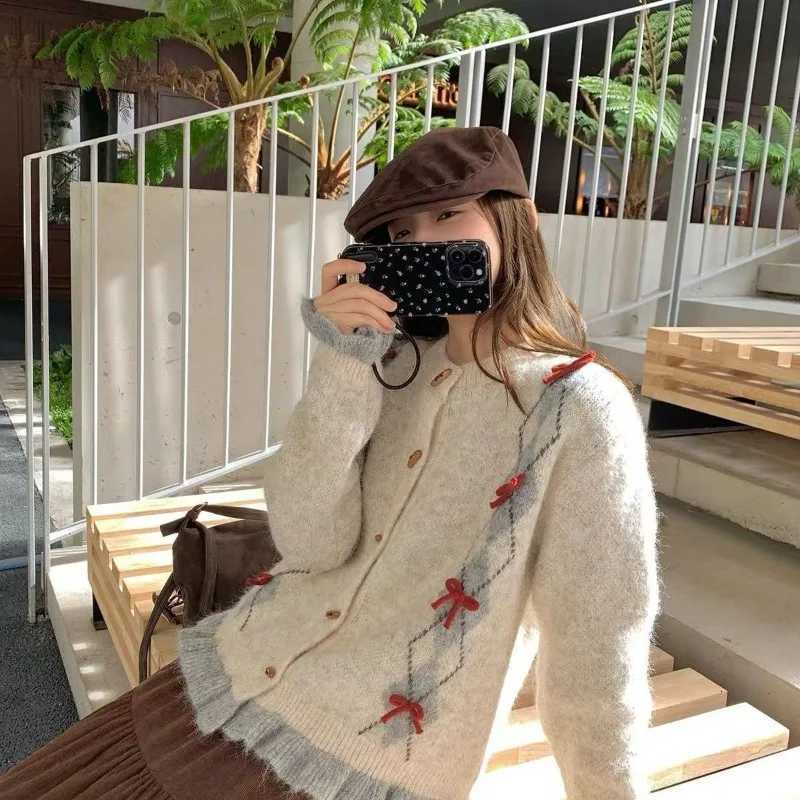 Women's Sweaters Women's 2026 Autumn Winter Vintage Argyle Bow Fair Isle Christmas Knit Sweater Cardigan Chic Coquette Cozy Streetwear Tre