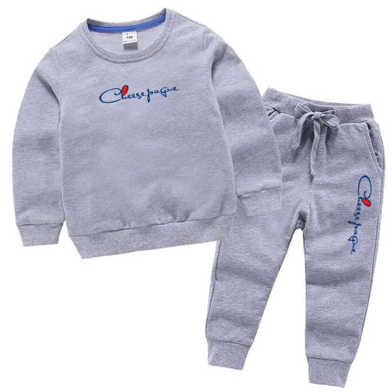 Lettre de marque de mode impression Sweatshirts deux pièces ensembles enfants col rond 100% coton gris sweats à capuche et pantalon long 2 pièces