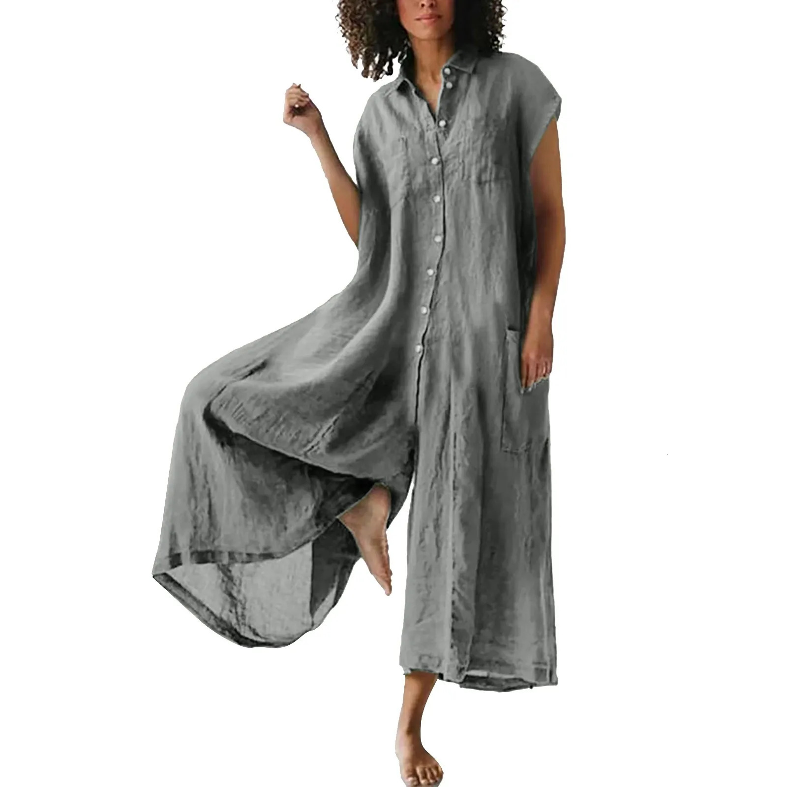 Tuta da donna elegante casual a maniche corte tinta unita camicia di lino di media lunghezza tute lunghe per l'estate taglie forti 260922