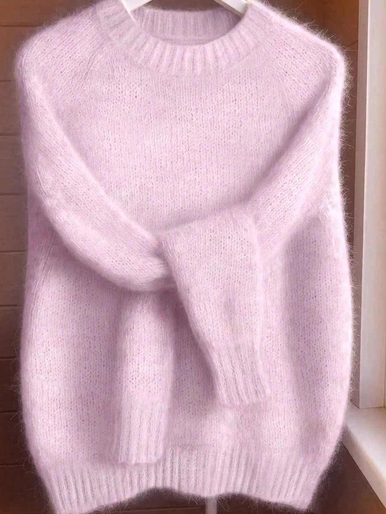 Womens Brushed Mohair Blend Sweater French Inspired Raglan Sleeve Drop Shoulder Plush Knit for Fall Winter Christmas Birthday 260922