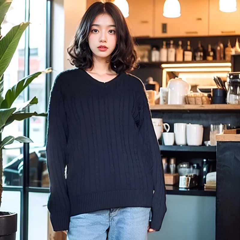 Women's Sweaters Brandy Sweater Women Spring Fall Pullovers Navy Sweaters Long sleeve V Neck Cable Knit New In Crop Tops Knitwears for Slim D26