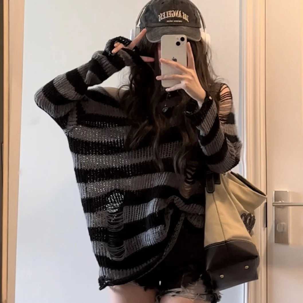 Women's Sweaters Y2K Oversized Sweater Thin Striped Knitted Gothic Streetwear Grunge Aesthetic Slytherin Pullovers Punk Jumper Hole Tops E-girl