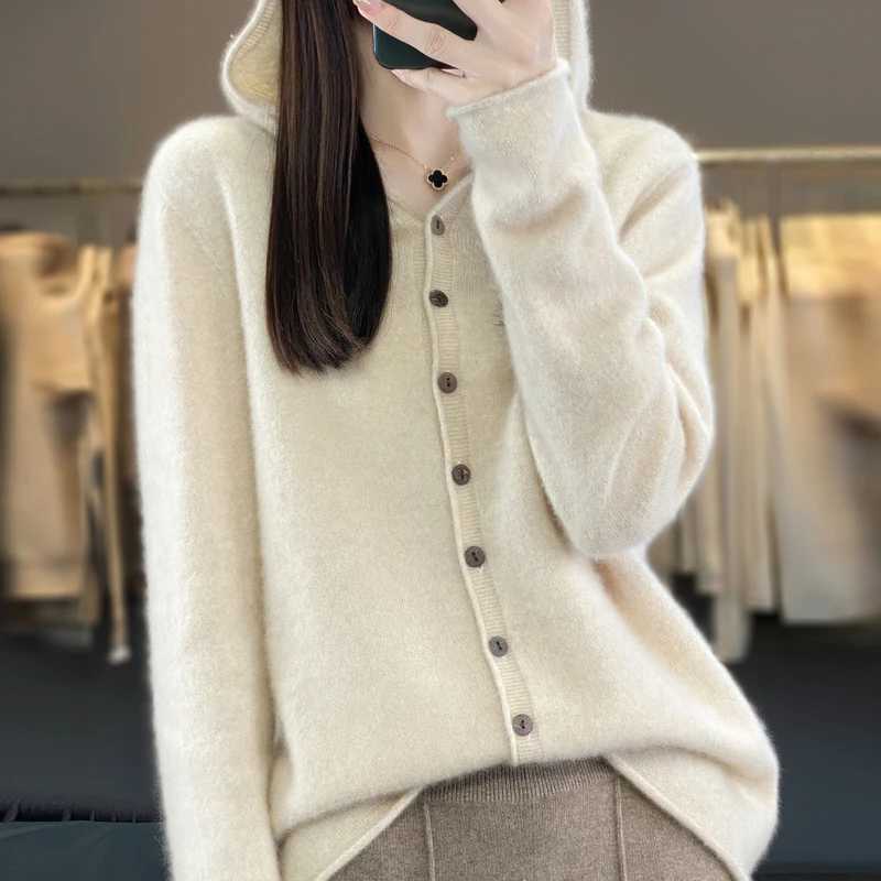 Women's Sweaters First Line 100% Merino Wool Knitted Cardigan Women's Autumn And Winter Hoodie Loose Sweater Fashionable Versatile Coat To