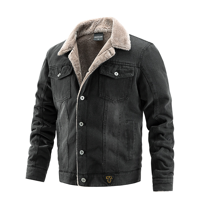 Men's Fleece Lined Denim Jacket Turndown Collar Sherpa Lined Jean Coat Thick Warm Casual Outerwear Autumn Winter