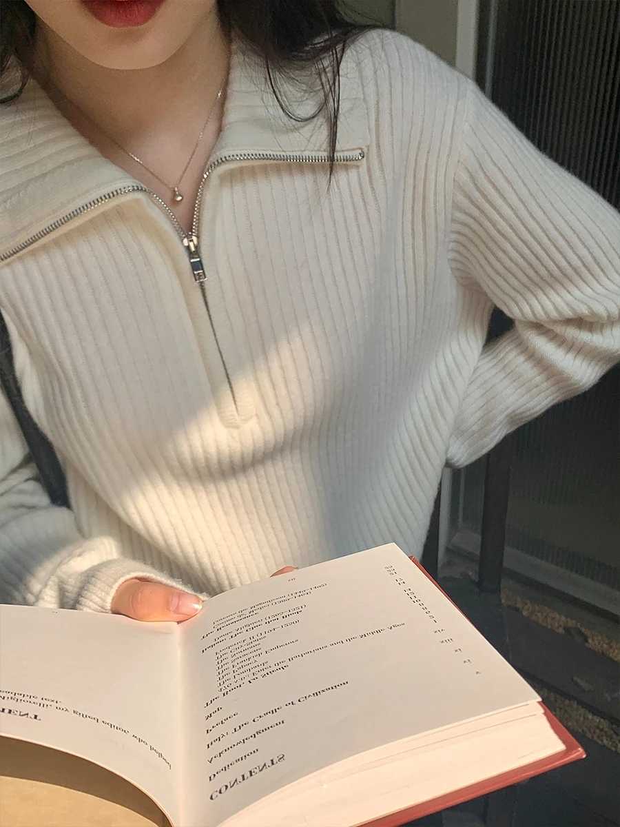 Women's Sweaters White Collar Knitted Sweater Women's Fashionable Autumn Half Zip Soft Fluffy Base Layer Shirt Casual Commute Style Long .