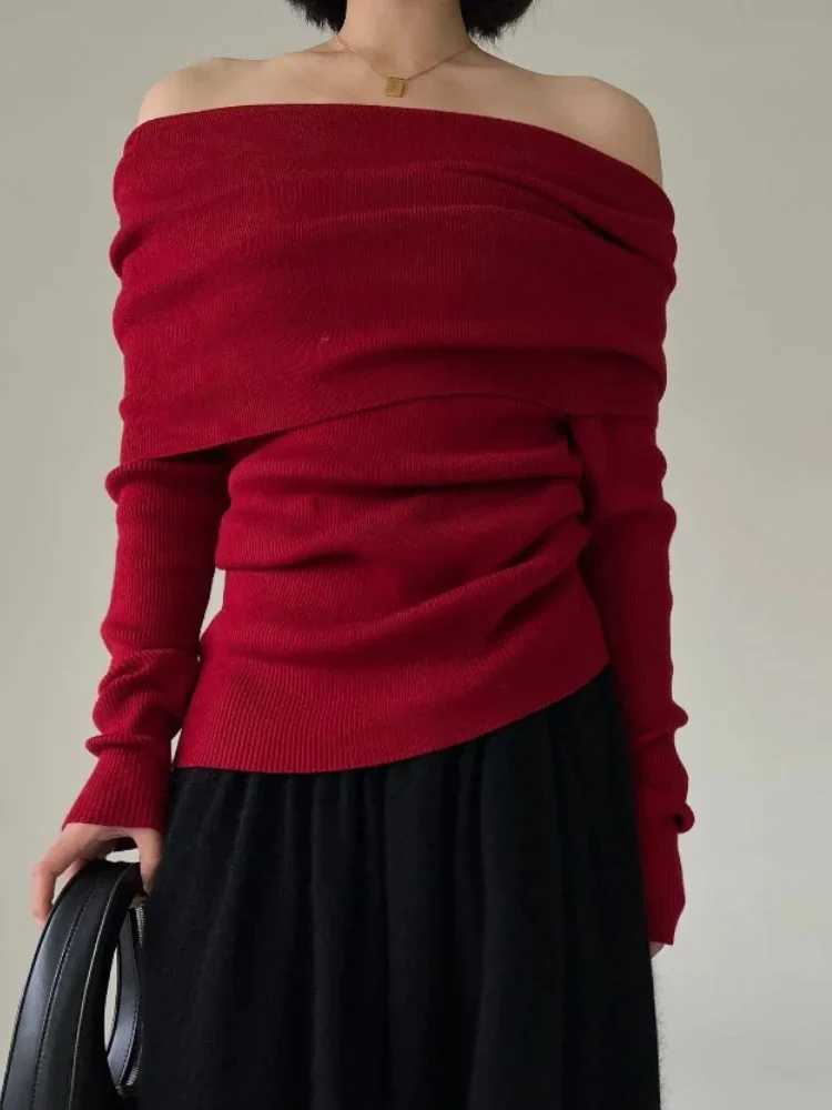 Women's Sweaters 2026 Autumn Winter Off Shoulder Women Sweaters Elegant Vintage Knitted Solid Jumper High Stretch Top Soft Chic Pullovers H2609