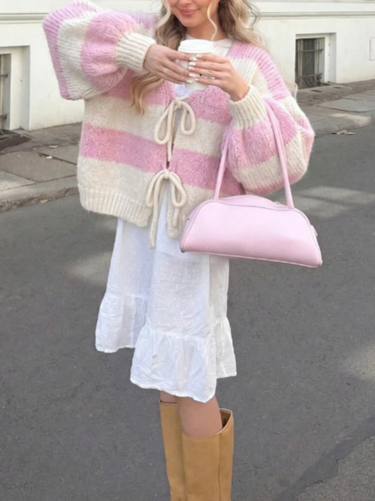 Autumn Winter V-neck Casual Warm Crochet Coat Fashion Stripe Printed Lace Cardigans Elegant Lady Long Sleeve Knitted Sweater 260918