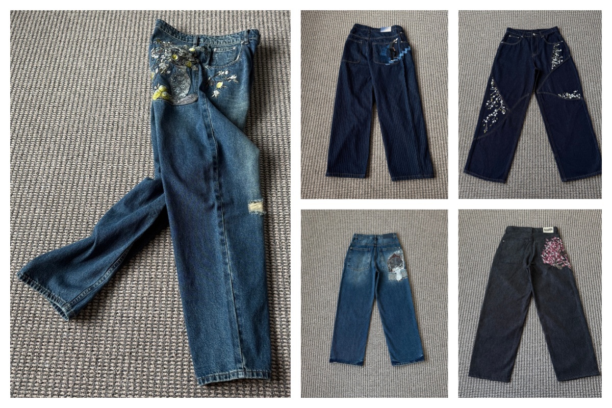 Derschutze Patchwork Cherry Blossom Embroidery Striped Denim Pants oversized Y2k Vintage Women Baggy Straight Wide Leg Jeans Street Men Clothes ders