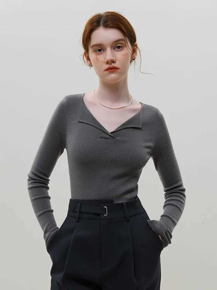 Women's Sweaters FSLE 24.7% Wool Women Slim Pullover Sweaters Temperament V-Neck Soft Winter New Grey Full Length Sweater Women Wool Bottom Shi
