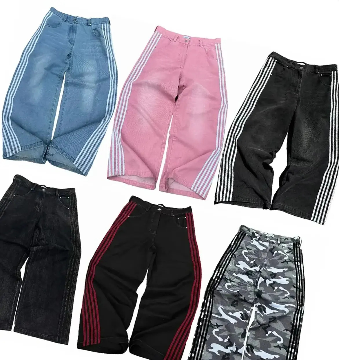 Men Jeans HCW Striped Y2k Clothes Men Women Harajuku Hip Hop Letter Embroidery Retro Baggy trousers Jeans Black Wide Leg Pants Trousers Denim Pants