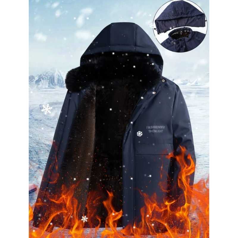 Men's Down Parkas Men's Winter Fleece Lined Padded Parka Waterproof Windproof Jacket Autumn Winter Thickened Fleece Cold Proof Hooded Over