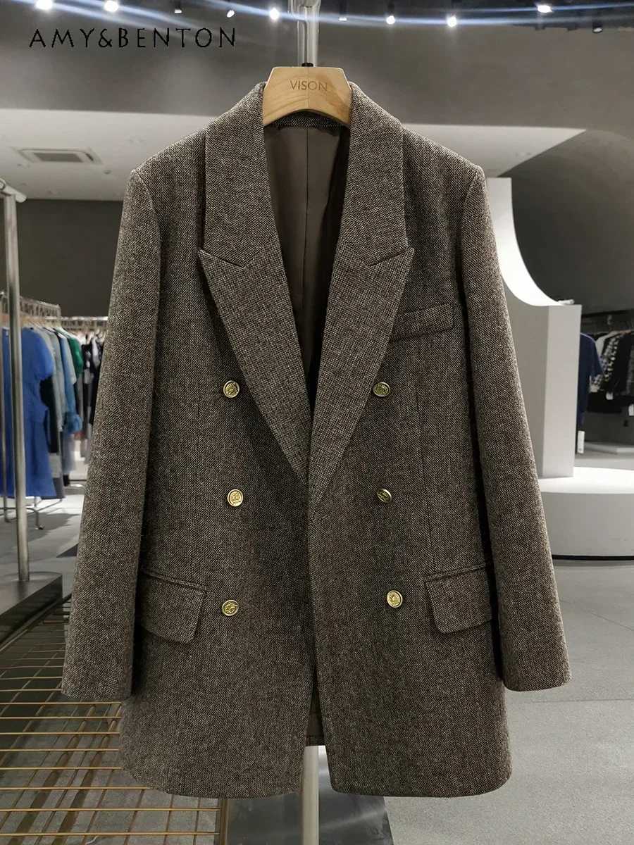 British Retro Coff Color Simple Temperament Woolen Blazer Women 2024 Winter New Commuter Style Double-breasted Causal Jacket S260923BLA8