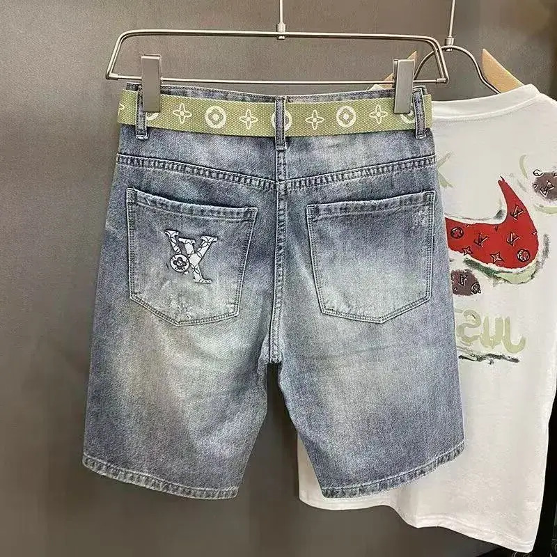 Men Jeans European Style Men's High End trousers Summer Casual Denim Shorts With Hot Print Elastic Retro Light Colored Five Pocket Pants Bestse