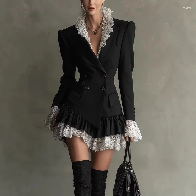 Chic Patchwork Lace Blazer Dress Women Autumn Winter Commute Lapel Long Sleeve Slim Fit Mini Dresses Double Breasted Suit