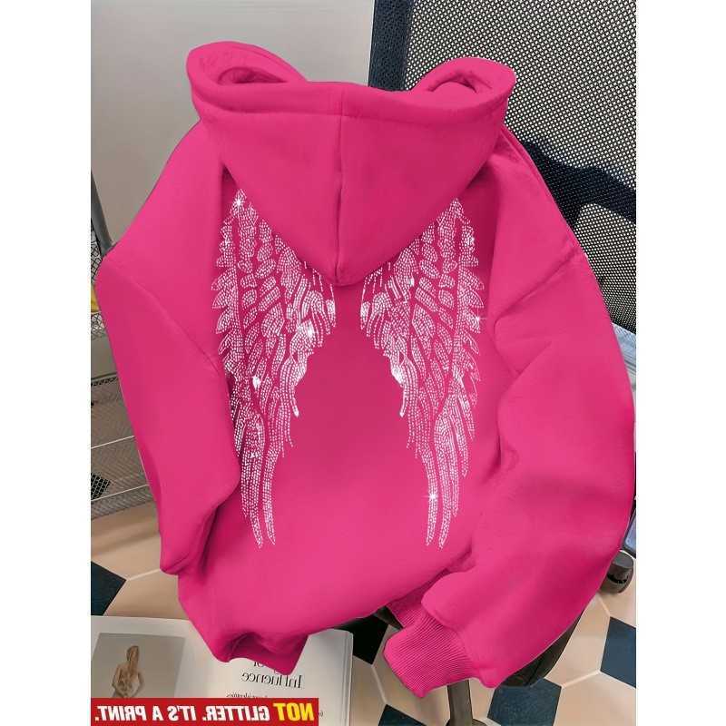 Leisure Women's Hoodies Spring Sweatshirts and Autumn Sweater Wing Print and Hot Rhinestone Two Styles Women's Long-sleeved Pullover Hoodi