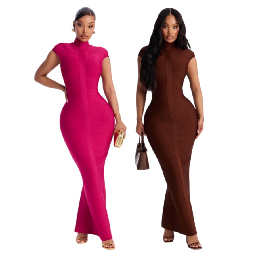 Bandage Dress Solid Color Stand Collar Bandage Maxi Dress Fashion Bodycon Long Dress Casual Dresses Sexy Cut Out Slim Fit Skirt Club Party Evening B