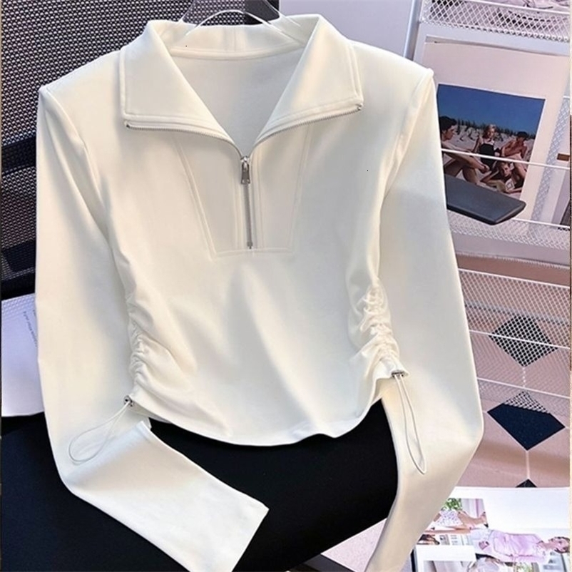 Womens Retro Polo Collar Shirt Slim Fit Drawstring Waist Short Top Long Sleeve Half Zipper Casual Basic Tee American Style 260922