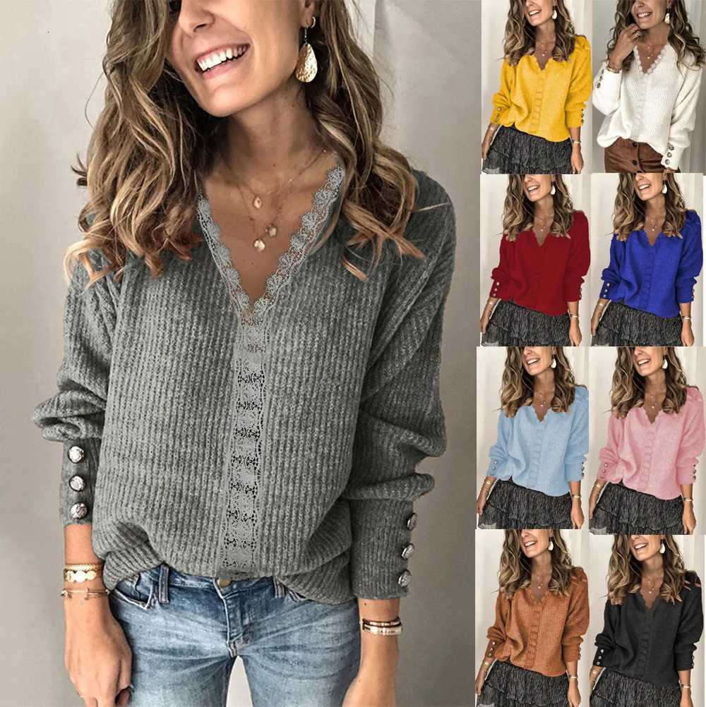 Women's Sweaters 2025 Autumn and Winter New Lace V-Neck Casual Slim Jacket Sweater for Women Loose Long-Sleeved Solid Color Sweater H260923