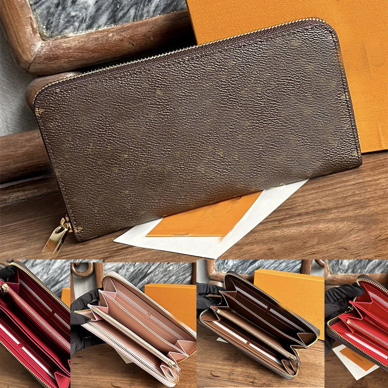 Mirror quality Women Brown printed Long Zipper designer Wallet Real leather men's black Cardholder Coin Pocket Bill Compartments Large Capacity