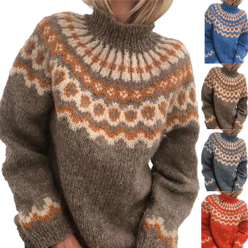 Designer Style New Arrival High Quality Autumn Winter Women High Neck Pullover Chunky Knit Jacquard Sweater Long Sleeve Loose Knit Top Casual Street