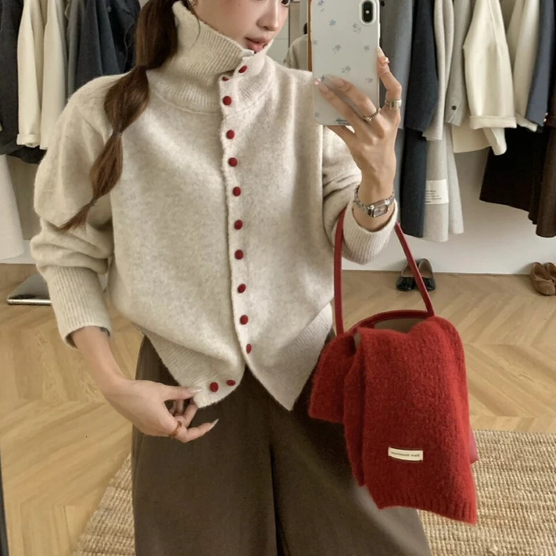 Winter Fashion Korean Elegant Single Breasted Knitted High Necked Cashmere Cardigan Warm and Thick Outer Sweater 260923