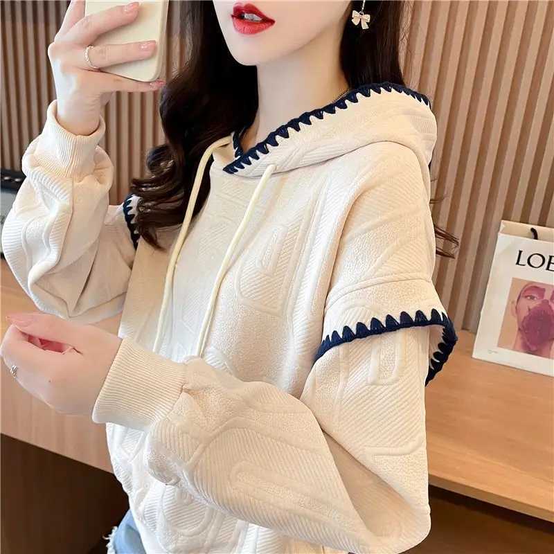Women's Sweaters Autumn Winter New Fashion Solid Color Patchwork Long sleeve Pullovers Hoodies Drawstring Korean Loose Trend All-match Chic Top